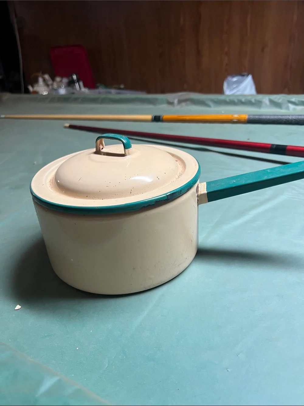 Retro Cream and Teal Enamel Saucepan with Lid